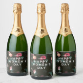 ハッピーウィメンズデイ文字オンフローラ スパークリングワインラベル (ボトル)