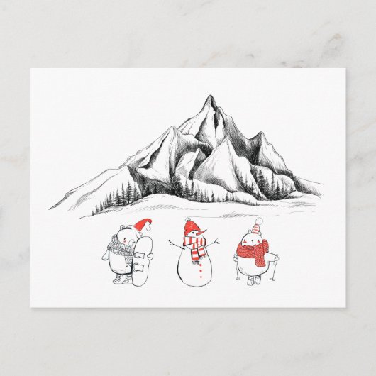 ハッピーウィンタースポーツ雪だるまスキースノーボード ポストカード (正面)