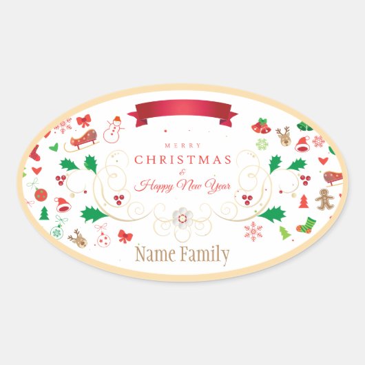 ハッピーウィンターホリデークリスマス&新年 楕円形シール (正面)