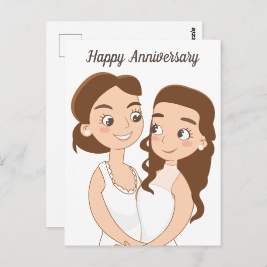 ハッピーウェディングアニバーサリー かわいいレズビアンカップル ポストカード (正面/裏面)
