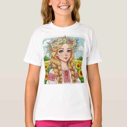 ハッピーウクライナガールフラワーリースTシャツ Tシャツ (正面)