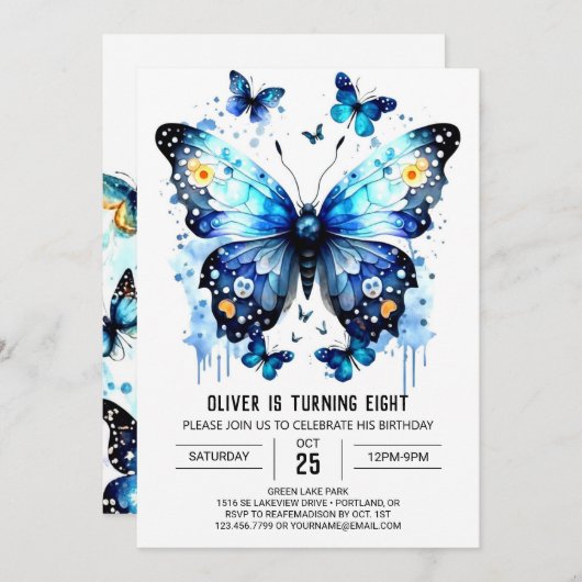 ハッピーエディットバタフライボーイ誕生日 招待状 (正面/裏面)