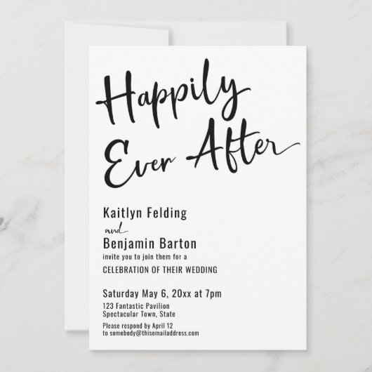 ハッピーエバーアフタータイポグラフィはっきりした白黒 招待状 (正面)