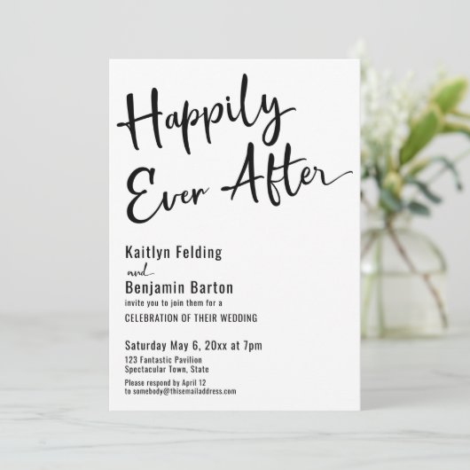 ハッピーエバーアフタータイポグラフィはっきりした白黒 招待状 (スタンド正面)