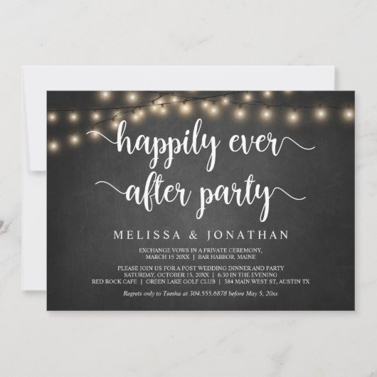 ハッピーエバーアフターパーティー、ストリングライト、秘密の結婚式 招待状 (正面)