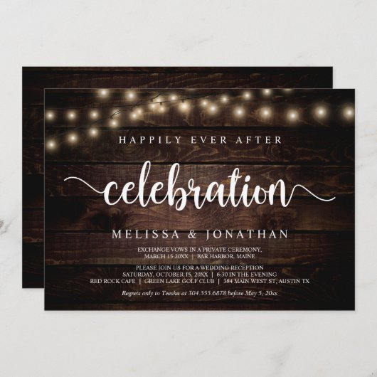 ハッピーエバーアフターパーティー、ストリングライト、秘密結婚 招待状 (正面/裏面)