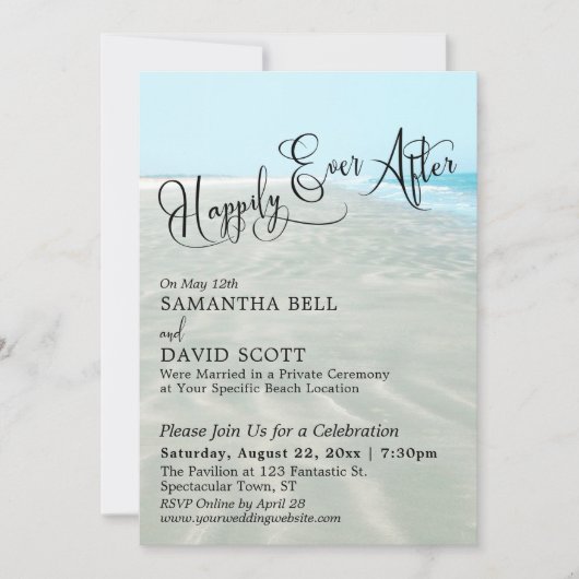ハッピーエバーアフター・スクリプト、ビーチ・ウェディング・レセプション 招待状 (正面)