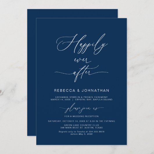 ハッピーエバーアフター、ネイビーブルー、ふたりだけの結婚式のお知らせパーティー招待状 招待状 (正面/裏面)