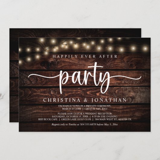 ハッピーエバーアフター パーティー、 ストリング ライト エロープメント 招待状 (正面/裏面)
