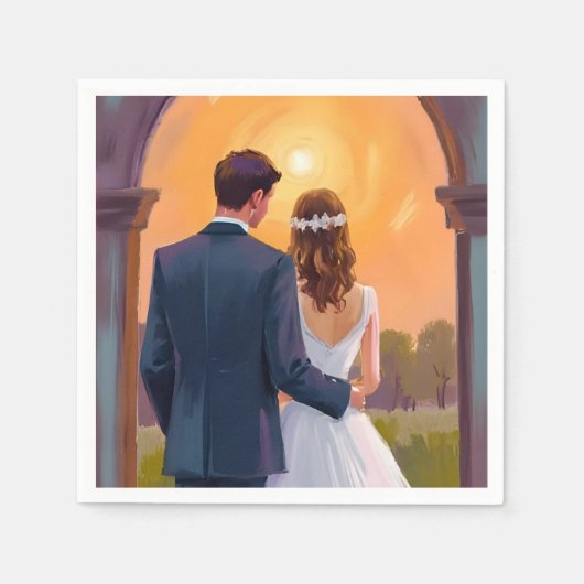 ハッピーエバーアフター 花嫁と花婿の水彩 結婚式 スタンダードカクテルナプキン (正面)