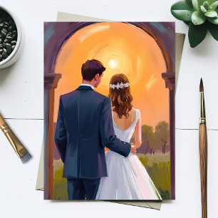 ハッピーエバーアフター 花嫁と花婿の水彩 結婚式 ポストカード