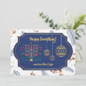 ハッピーエブリシング ブルーとゴールドのホリデーカード シーズンカード (スタンド正面)