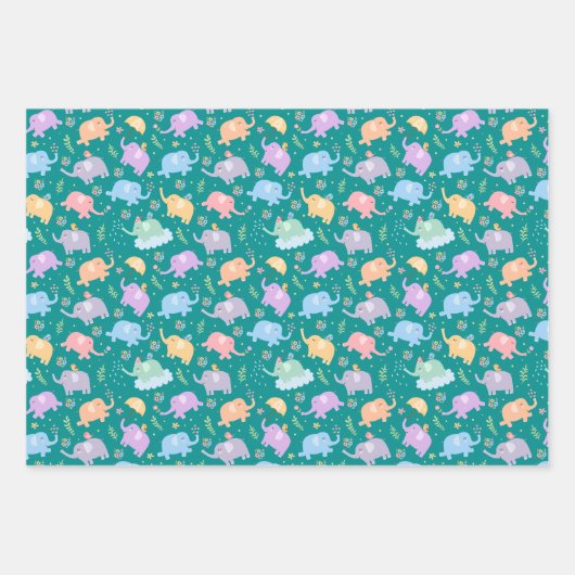 ハッピーエレファントガーデンパーティーw傘フラワーズ ラッピングペーパーシート (正面)