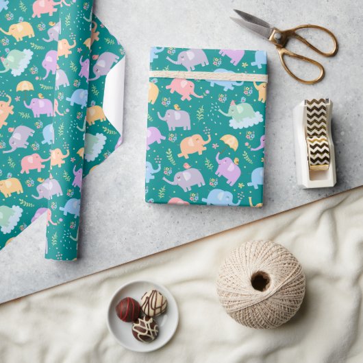 ハッピーエレファントガーデンパーティーw傘フラワーズ ラッピングペーパー (クラフト)