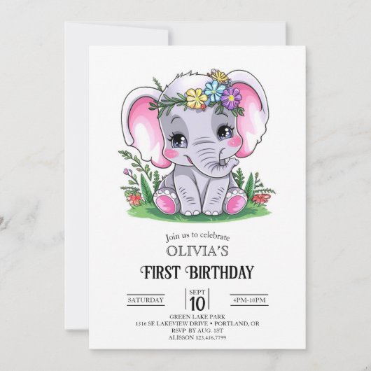 ハッピーエレファント1st誕生日デジタル 招待状 (正面)