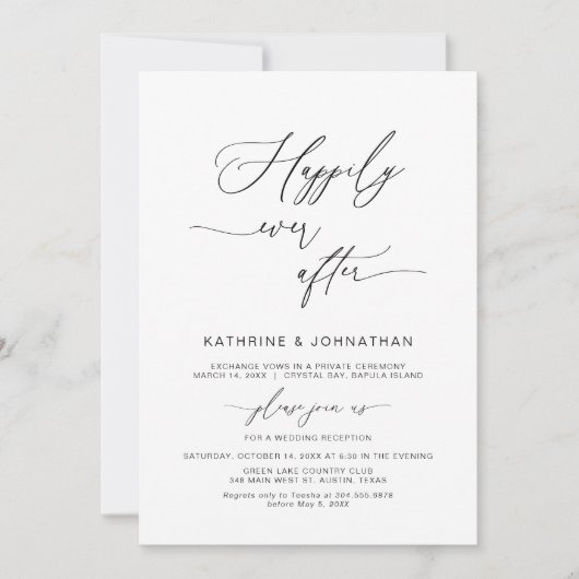 ハッピーエンドを祝福して。ブラックフォント。ふたりだけの結婚式パーティー 招待状 (正面)