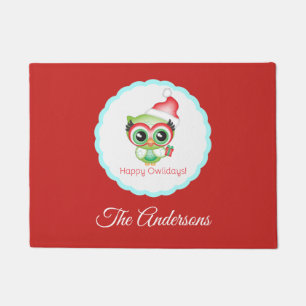 ハッピーオウリデイズクリスマスサンタハットホリデーフクロウ ドアマット