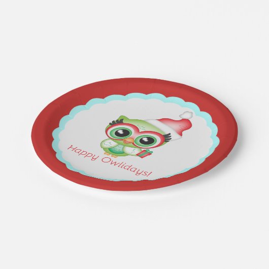 ハッピーオウリデイズクリスマスサンタハットホリデーフクロウ ペーパープレート (アングル)