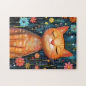 ハッピーオレンジお洒落色の猫花 ジグソーパズル (横)
