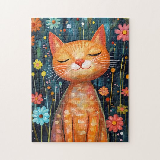 ハッピーオレンジお洒落色の猫花 ジグソーパズル (縦)