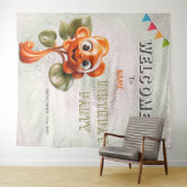 ハッピーオレンジ色の花誕生日パーティー背景 タペストリー (インサイチュ(横))