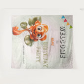 ハッピーオレンジ色の花誕生日パーティー背景 タペストリー (正面(横))