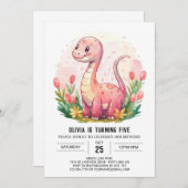 ハッピーオンラインボヘミアン恐竜ガール誕生日 招待状 (正面/裏面)