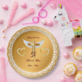 ハッピーカスタマイズ金ゴールドレース記念日 ペーパープレート (パーティー)