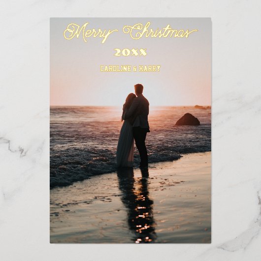 ハッピーカップルのメリークリスマスグリーティング 箔招待状 (正面)