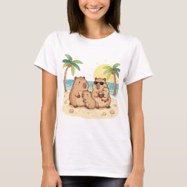 ハッピーカピー カピバラファミリー ビーチ 夏 トロピカル T Tシャツ
