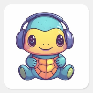 ハッピーカラフルかわいいウミガメがヘッドフォンを着て スクエアシール