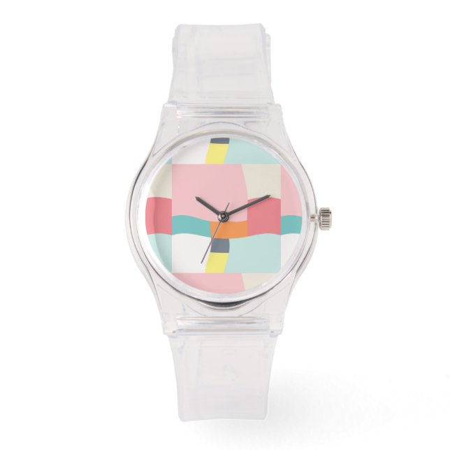 ハッピーカラーパターン – ピンク，ターコイズ，オレンジ， 腕時計 (正面)