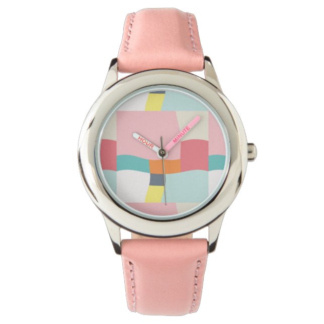 ハッピーカラーパターン – ピンク，ターコイズ，オレンジ， 腕時計 (正面)