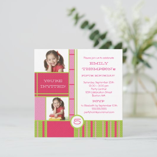 ハッピーカラーブロック小さな女の子パーティの招待状 招待状 (スタンド正面)