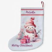 ハッピーカワイイ雪だるまと現在のブルー背景 スモールクリスマスストッキング (裏面)