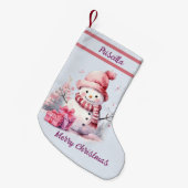 ハッピーカワイイ雪だるまと現在のブルー背景 スモールクリスマスストッキング (正面 (吊り時))