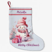 ハッピーカワイイ雪だるまと現在のブルー背景 スモールクリスマスストッキング (正面)