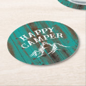 ハッピーカンパーマウンテンアドベンチャーティール(緑がかった色)バーンキャンピング ラウンドペーパーコースター (アングル)
