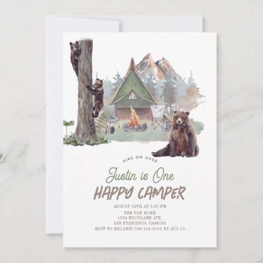 ハッピーカンパーマウンテンベアーズ男の子1歳の誕生日 招待状 (正面)