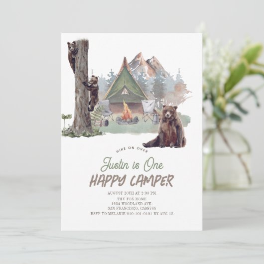 ハッピーカンパーマウンテンベアーズ男の子1歳の誕生日 招待状 (スタンド正面)