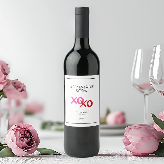 ハッピーガレンタインXOXOハグとキスピンクレッド ワインラベル