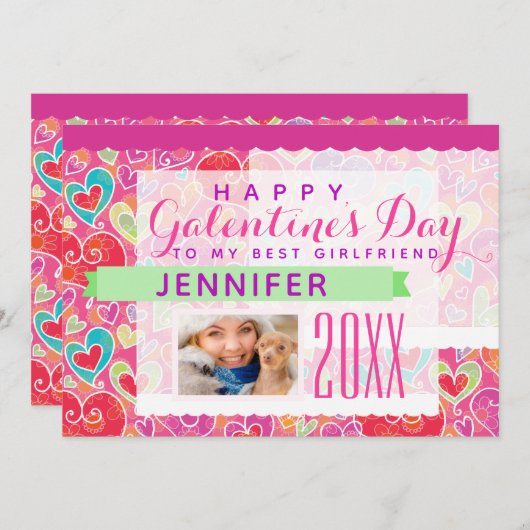 ハッピーガレンティネの日ピンクのハート写真 シーズンカード (正面/裏面)