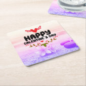 ハッピーガレンティーンズデイ赤いハート&ウィングスパーティー スクエアペーパーコースター (アングル)