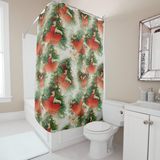 ハッピーガールストレスドレスパイン新年オフ白 シャワーカーテン (インサイチュ)