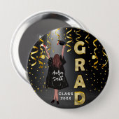 ハッピーガール卒業エレガント金ゴールド紙吹雪かわいい 缶バッジ (正面&裏面)