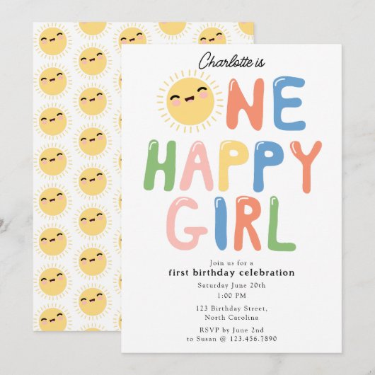ハッピーガール誕生日招待状1歳誕生日太陽 招待状 (正面/裏面)
