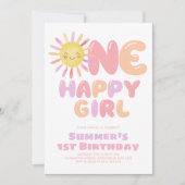 ハッピーガール1歳の誕生日 ピンクパープルの太陽 招待状 (正面)