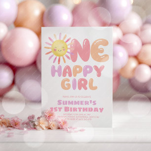 ハッピーガール1歳の誕生日 ピンクパープルの太陽 招待状