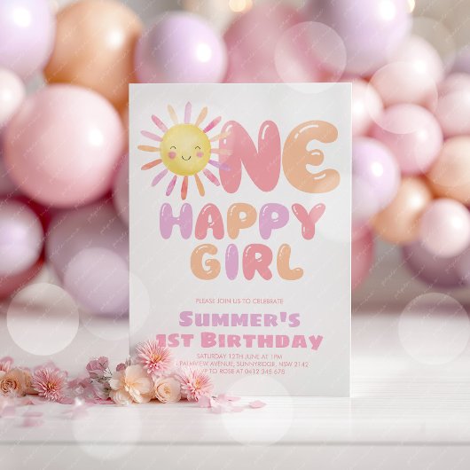 ハッピーガール1歳の誕生日 ピンクパープルの太陽 招待状