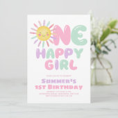 ハッピーガール1歳の誕生日 陽の光 ピンクとグリーン 招待状 (スタンド正面)